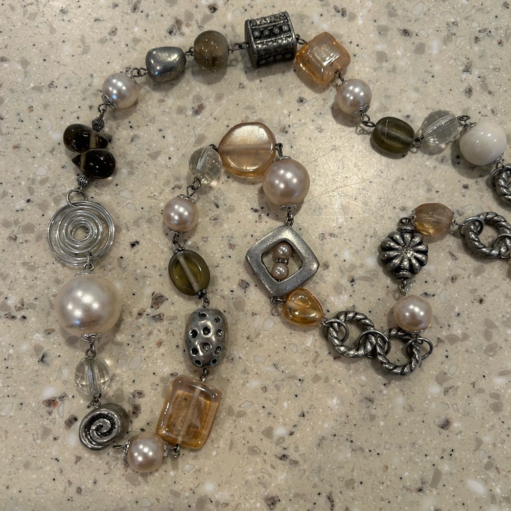 Playful Peach, Pearl & Silver Tones, Beaded Long Necklace, 36 inch